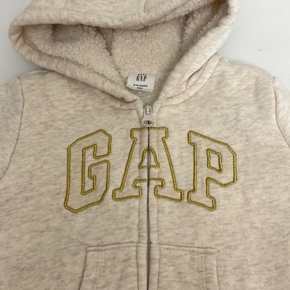 Baby Gap Oatmeal Heather Sherpa Lined Bear Ear Zip Hoodie 6-12 Months Logo